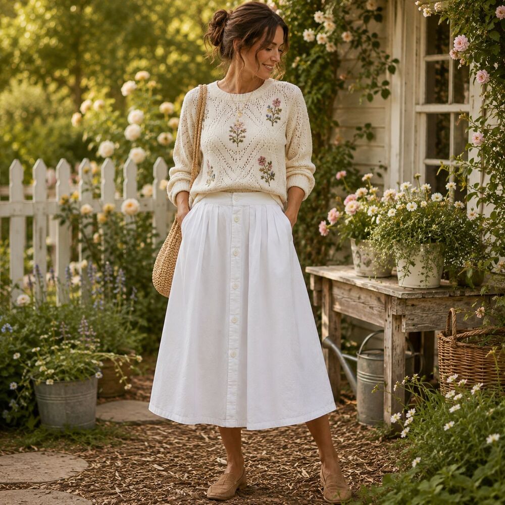 VGT 80's Bonjour Denim Button Midi Skirt Women's Sz 14 White Cottagecore Momcore